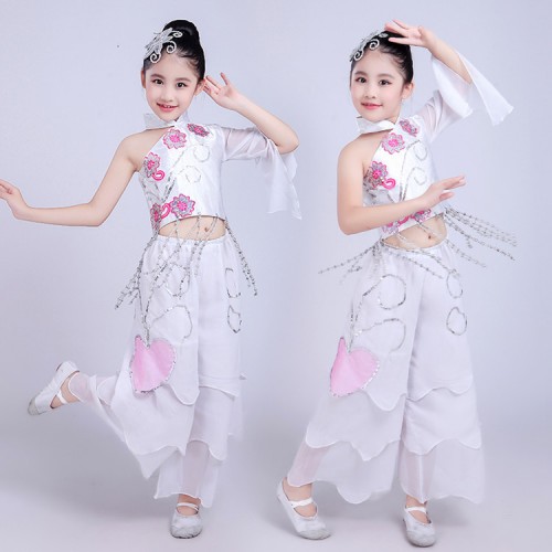 Kids Chinese folk dance costumes red white performance cosplay photos film drama traditional yangko dance dress